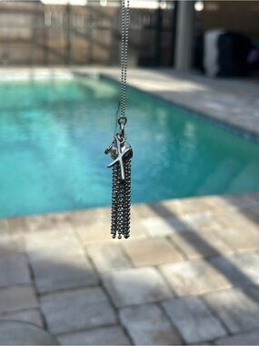 Banana Republic Long Silver Tassel Cross Charm Necklace 34”